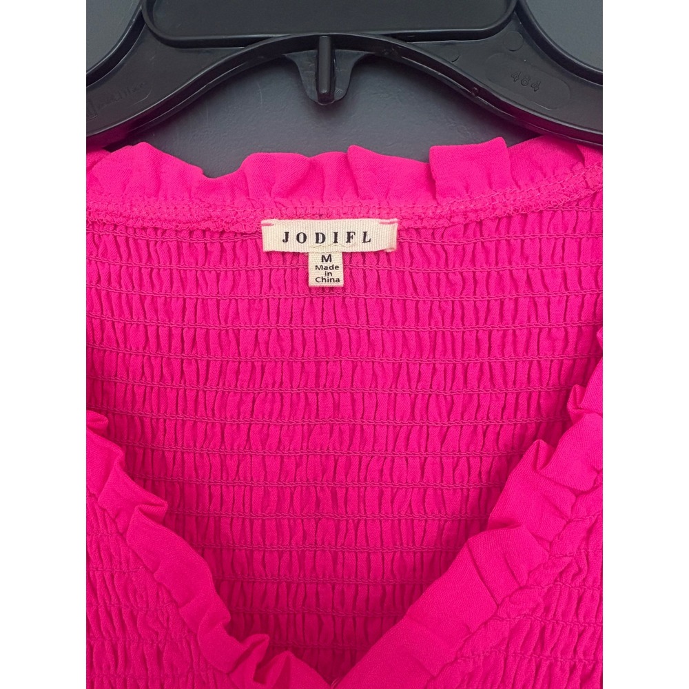 Jodifl Hot Pink Smocked Mini Dress Ruffle Sleeve V-Neck G10265 Womens Medium - Picture 4 of 7